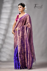 Copper Zari  With Purple Colour Half Tissue Sequins & Half Matka Silk Handloom Saree