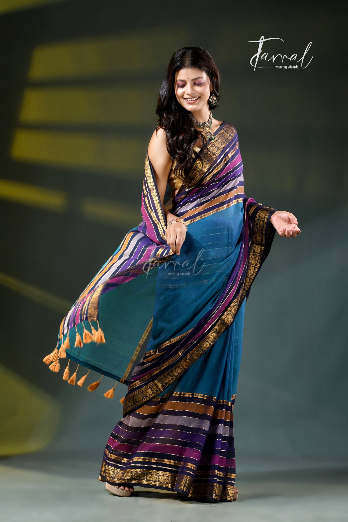 Peacock Blue Cotton Handloom Saree | Zari & Multi-Colour Stripe Weave | Tamal Boutique