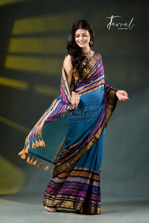 Peacock Blue Cotton Handloom Saree | Zari & Multi-Colour Stripe Weave | Tamal Boutique