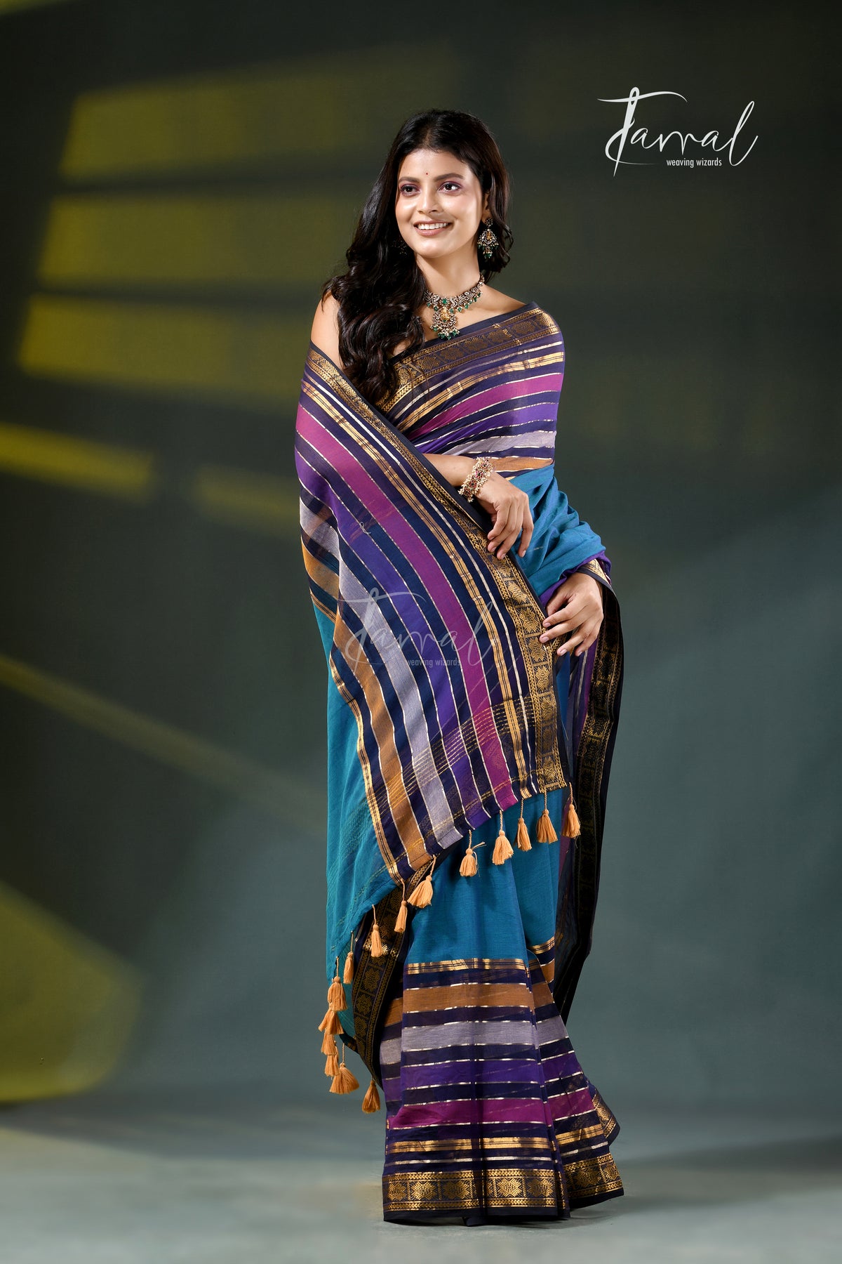 Peacock Blue Cotton Handloom Saree | Zari & Multi-Colour Stripe Weave | Tamal Boutique