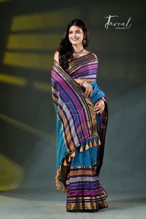 Peacock Blue Cotton Handloom Saree | Zari & Multi-Colour Stripe Weave | Tamal Boutique