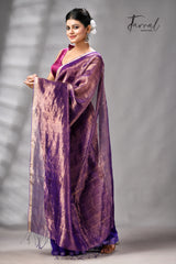 Copper Zari  With Purple Colour Half Tissue Sequins & Half Matka Silk Handloom Saree