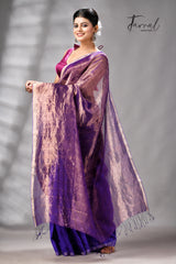 Copper Zari  With Purple Colour Half Tissue Sequins & Half Matka Silk Handloom Saree
