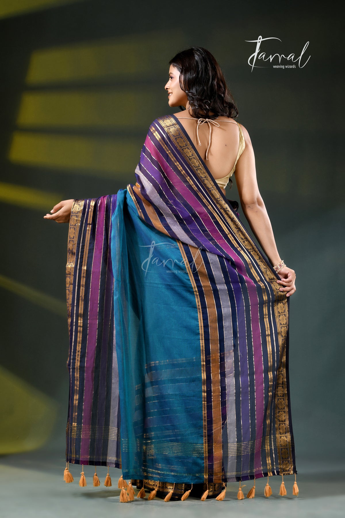 Peacock Blue Cotton Handloom Saree | Zari & Multi-Colour Stripe Weave | Tamal Boutique