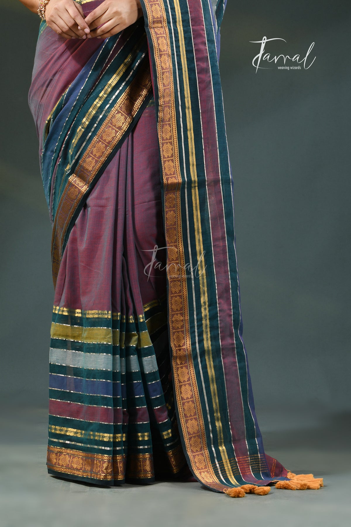 Purple Mauve Cotton Handloom Saree | Zari & Multi-Colour Stripe Weave | Tamal Boutique