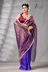 Copper Zari  With Purple Colour Half Tissue Sequins & Half Matka Silk Handloom Saree