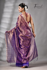 Copper Zari  With Purple Colour Half Tissue Sequins & Half Matka Silk Handloom Saree