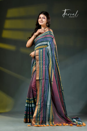 Purple Mauve Cotton Handloom Saree | Zari & Multi-Colour Stripe Weave | Tamal Boutique