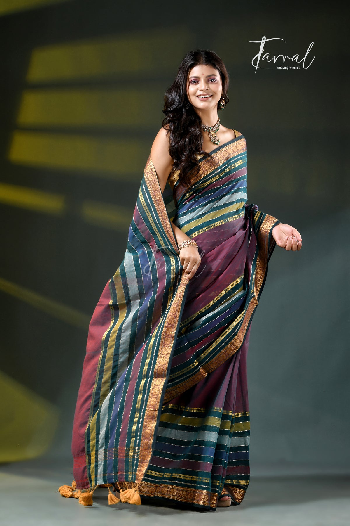Purple Mauve Cotton Handloom Saree | Zari & Multi-Colour Stripe Weave | Tamal Boutique