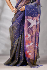 Blueish yellow muslin silk Paithani sequins handwoven jamdani saree