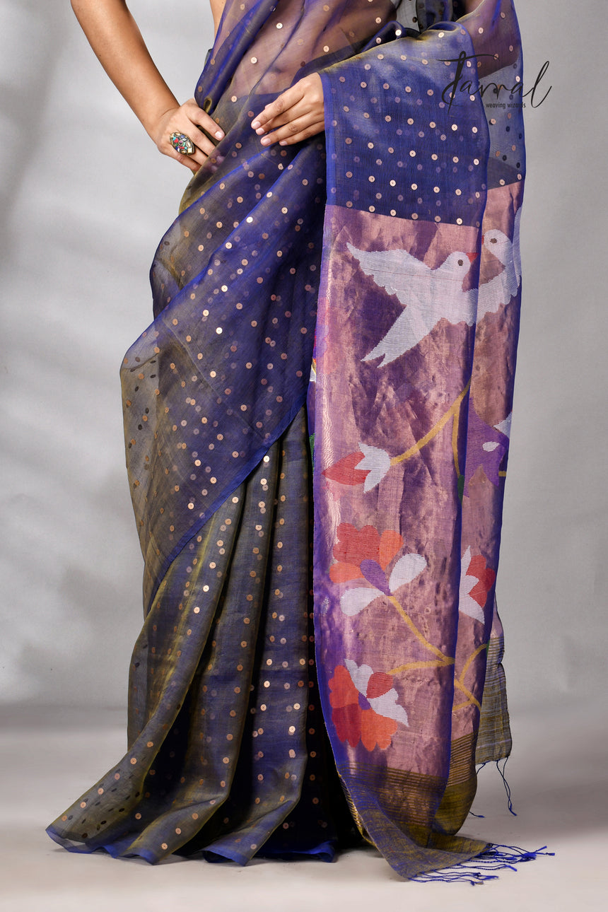 Blueish yellow muslin silk Paithani sequins handwoven jamdani saree
