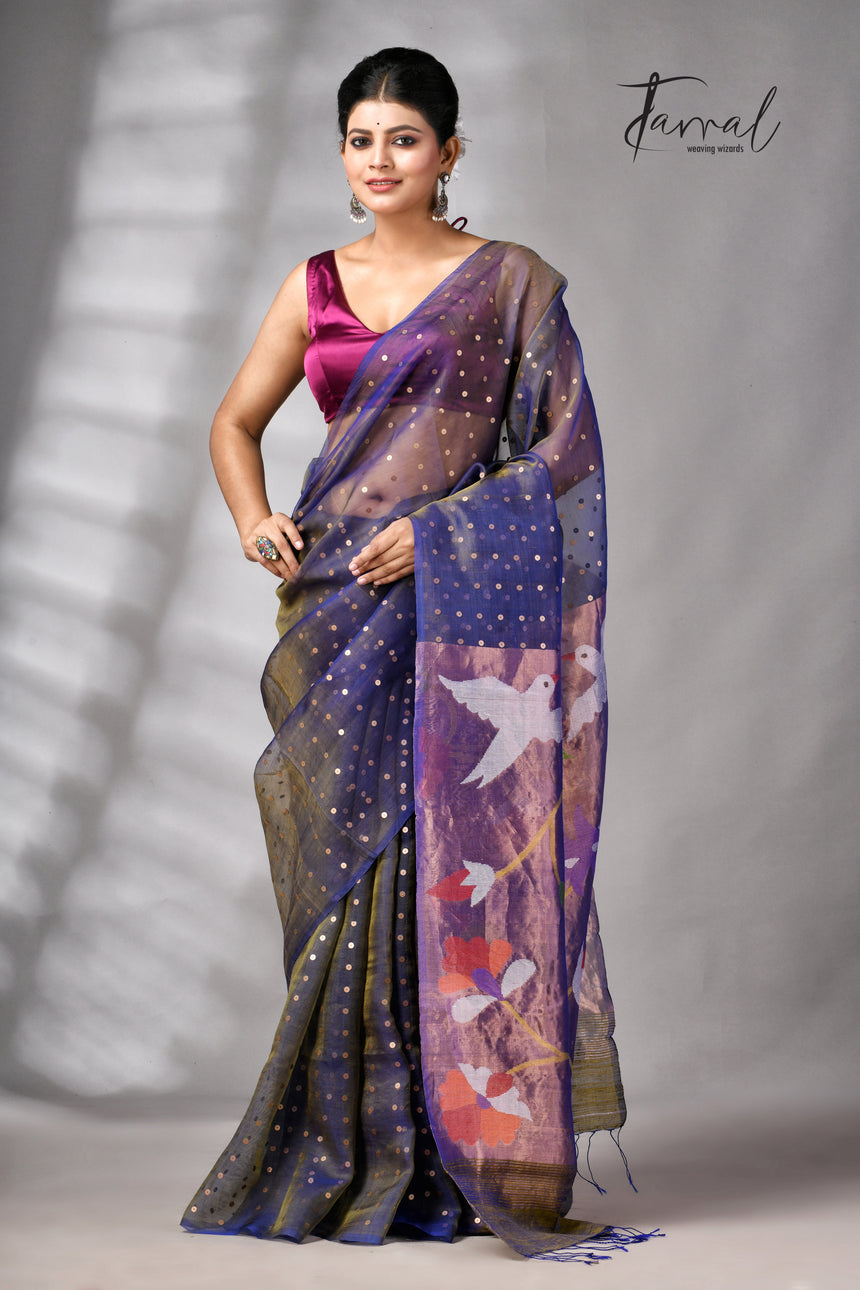 Blueish yellow muslin silk Paithani sequins handwoven jamdani saree