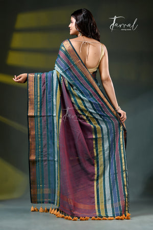 Purple Mauve Cotton Handloom Saree | Zari & Multi-Colour Stripe Weave | Tamal Boutique