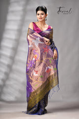 Blueish yellow muslin silk Paithani sequins handwoven jamdani saree