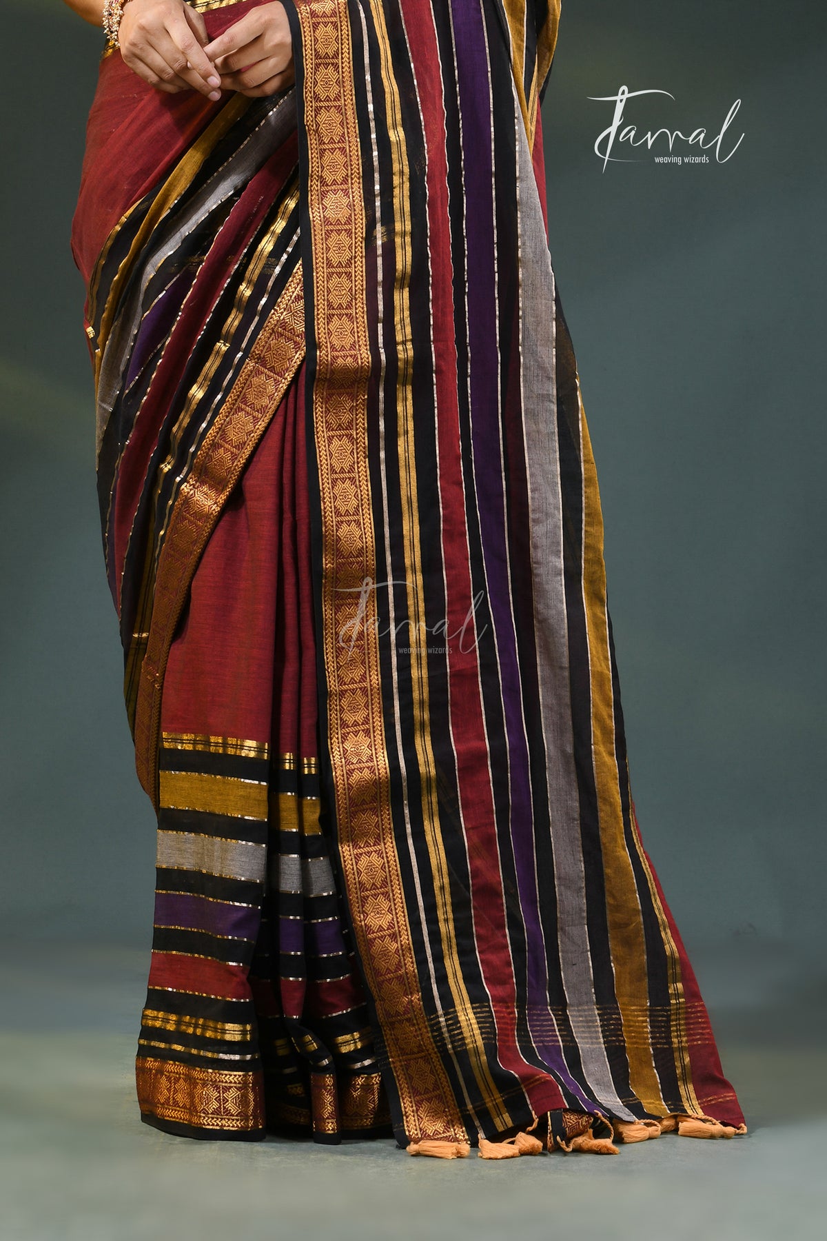 Deep Red Cotton Handloom Saree | Zari & Multi-Colour Stripe Weave | Tamal Boutique