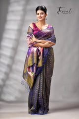 Blueish yellow muslin silk Paithani sequins handwoven jamdani saree