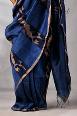Indigo With Zari Border Pure Silk Linen Handwoven Jamdani Saree