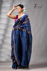 Indigo With Zari Border Pure Silk Linen Handwoven Jamdani Saree