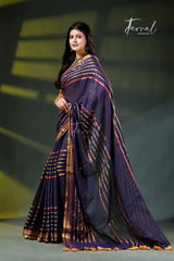 Indigo with golden zari mulmul cotton handloom saree