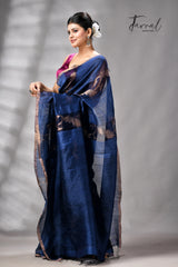 Indigo With Zari Border Pure Silk Linen Handwoven Jamdani Saree