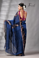Indigo With Zari Border Pure Silk Linen Handwoven Jamdani Saree
