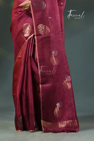 Dark Magenta Pure Tussar Silk Handloom Jamdani Saree | Earthy Vibrancy | Tamal Boutique