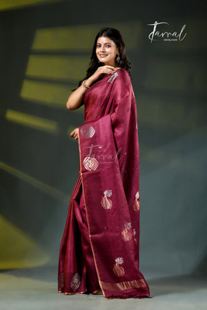Dark Magenta Pure Tussar Silk Handloom Jamdani Saree | Earthy Vibrancy | Tamal Boutique