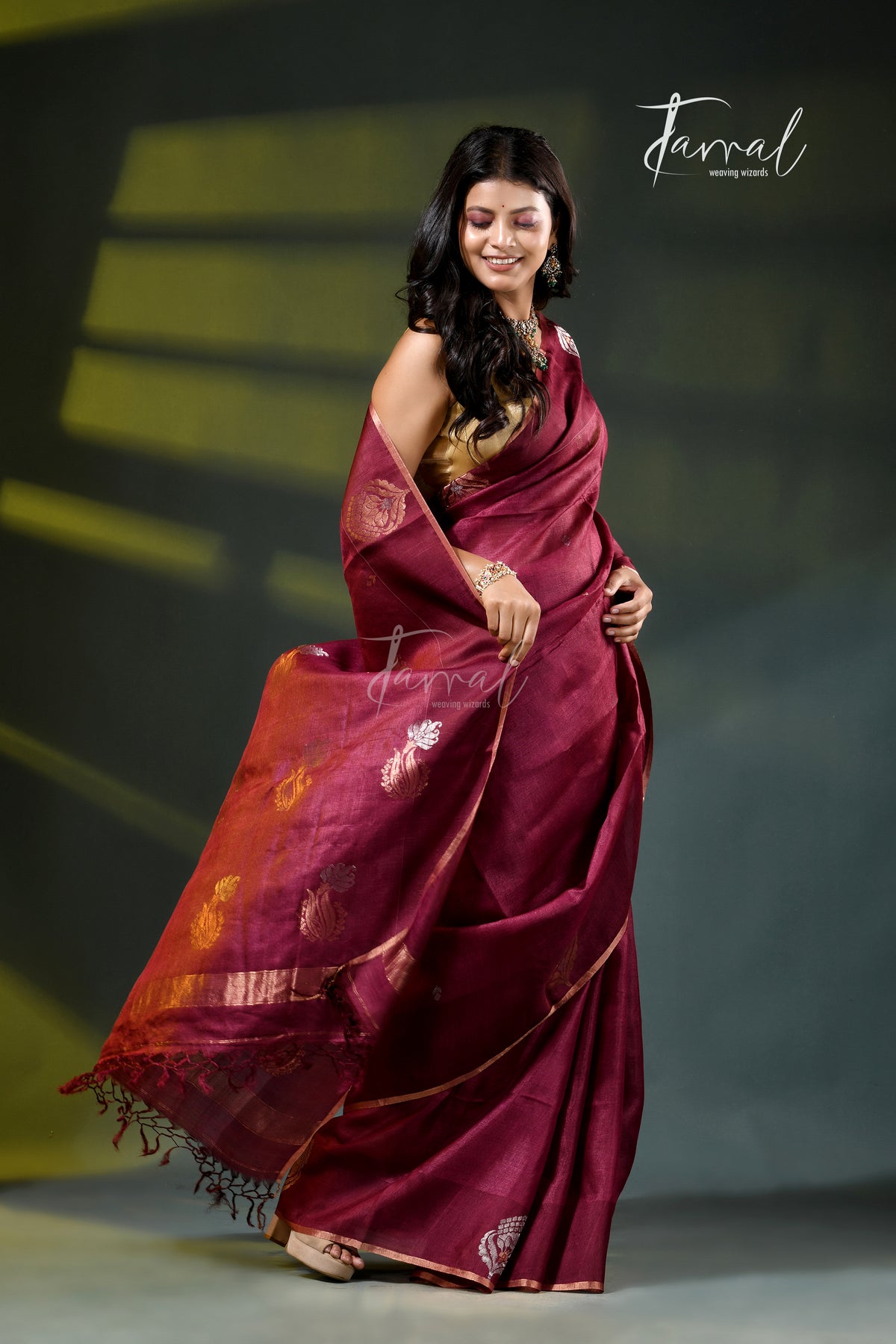 Dark Magenta Pure Tussar Silk Handloom Jamdani Saree | Earthy Vibrancy | Tamal Boutique