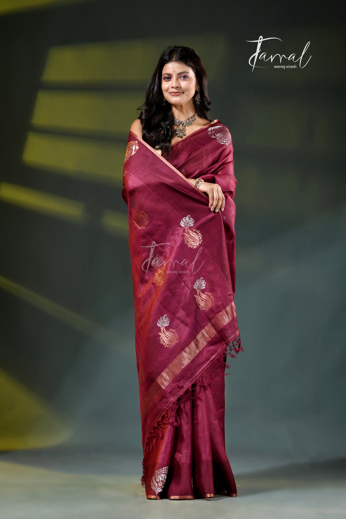 Dark Magenta Pure Tussar Silk Handloom Jamdani Saree | Earthy Vibrancy | Tamal Boutique