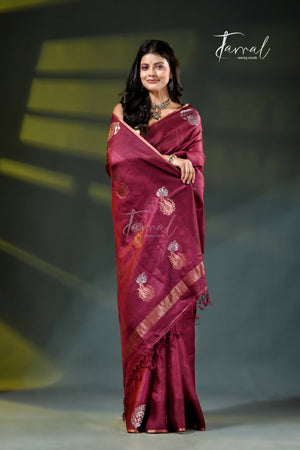 Dark Magenta Pure Tussar Silk Handloom Jamdani Saree | Earthy Vibrancy | Tamal Boutique