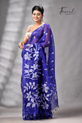 Royal Blue Pure Muslin Silk Handwoven Jamdani Saree