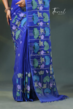 Royal Blue Tussar Silk Handloom Jamdani Saree with Golden Zari | Regal Heritage | Tamal Boutique