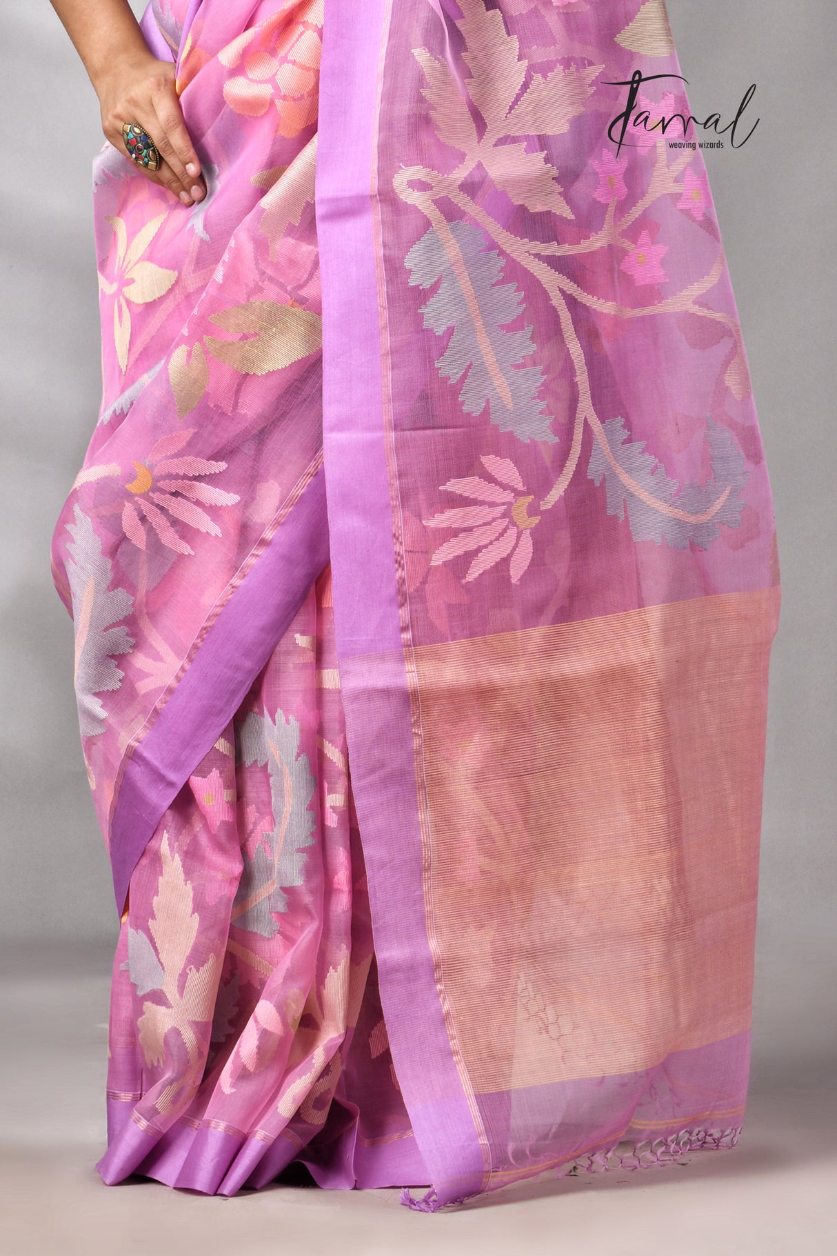 Onion Pink With Magenta Border Allover Floral Handwoven Muslin Silk Jamdani Saree