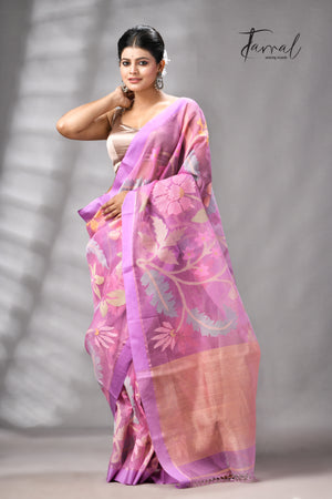 Onion Pink With Magenta Border Allover Floral Handwoven Muslin Silk Jamdani Saree
