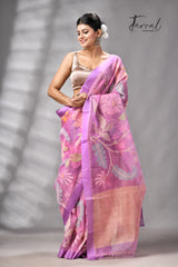 Onion pink with magenta border Allover floral handwoven muslin silk jamdani saree