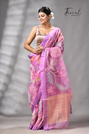 Onion Pink With Magenta Border Allover Floral Handwoven Muslin Silk Jamdani Saree