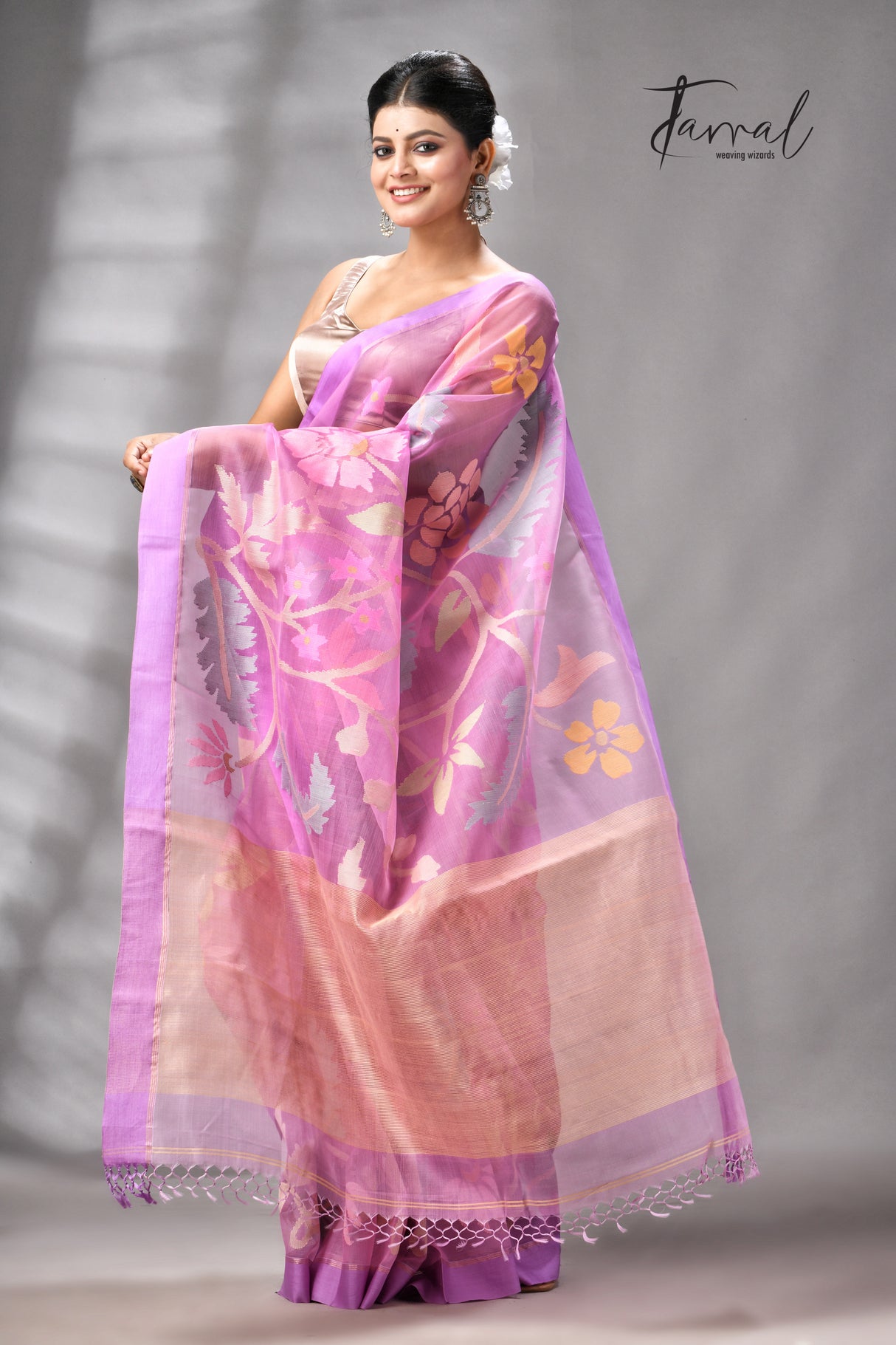 Onion Pink With Magenta Border Allover Floral Handwoven Muslin Silk Jamdani Saree
