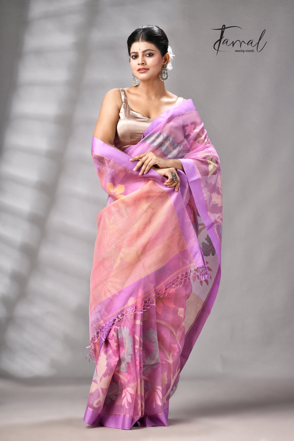 Onion Pink With Magenta Border Allover Floral Handwoven Muslin Silk Jamdani Saree