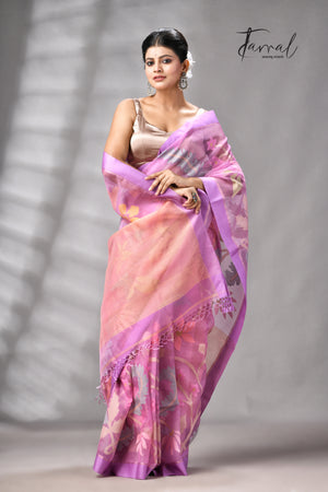 Onion Pink With Magenta Border Allover Floral Handwoven Muslin Silk Jamdani Saree