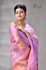 Onion pink with magenta border Allover floral handwoven muslin silk jamdani saree