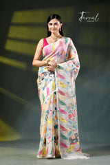 Exclusive Off-White Muslin Silk Handwoven Needlework Jamdani Saree with Multicoloured Animal & Bird Motifs