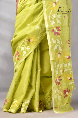 Lemon Green Pure Cotton Handwoven Jamdani Saree