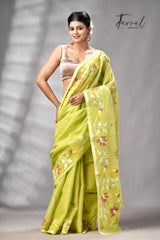 Lemon green pure cotton handwoven jamdani saree