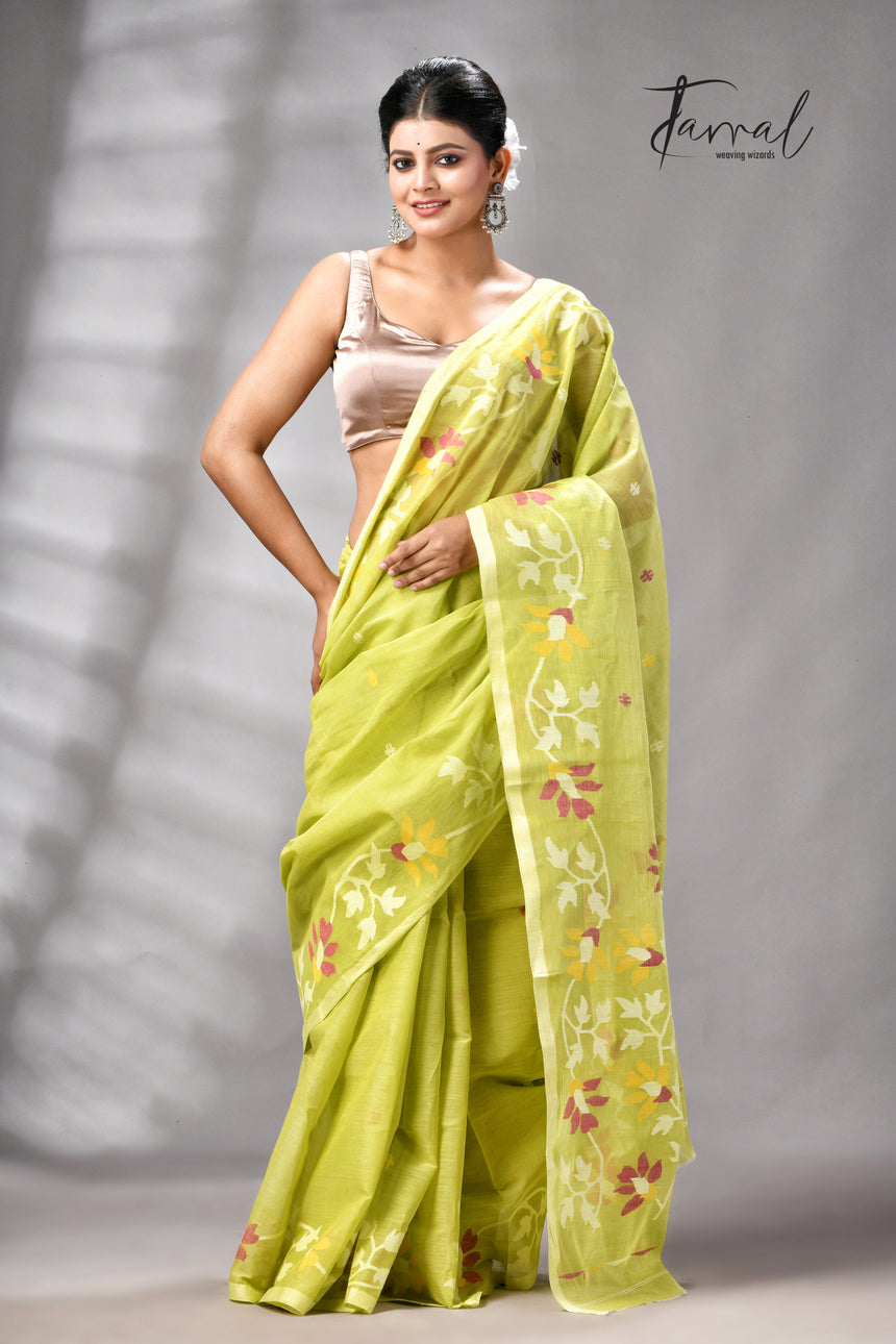 Lemon green pure cotton handwoven jamdani saree