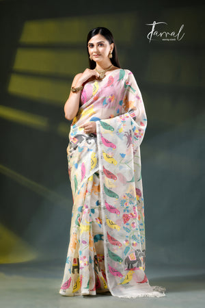 Exclusive Off-White Muslin Silk Handwoven Needlework Jamdani Saree with Multicoloured Animal & Bird Motifs