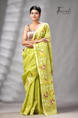 Lemon green pure cotton handwoven jamdani saree