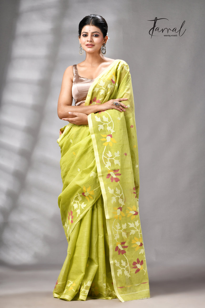 Lemon green pure cotton handwoven jamdani saree