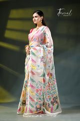 Exclusive Off-White Muslin Silk Handwoven Needlework Jamdani Saree with Multicoloured Animal & Bird Motifs