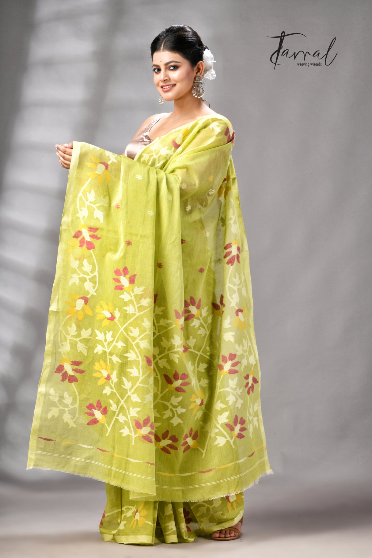 Lemon Green Pure Cotton Handwoven Jamdani Saree