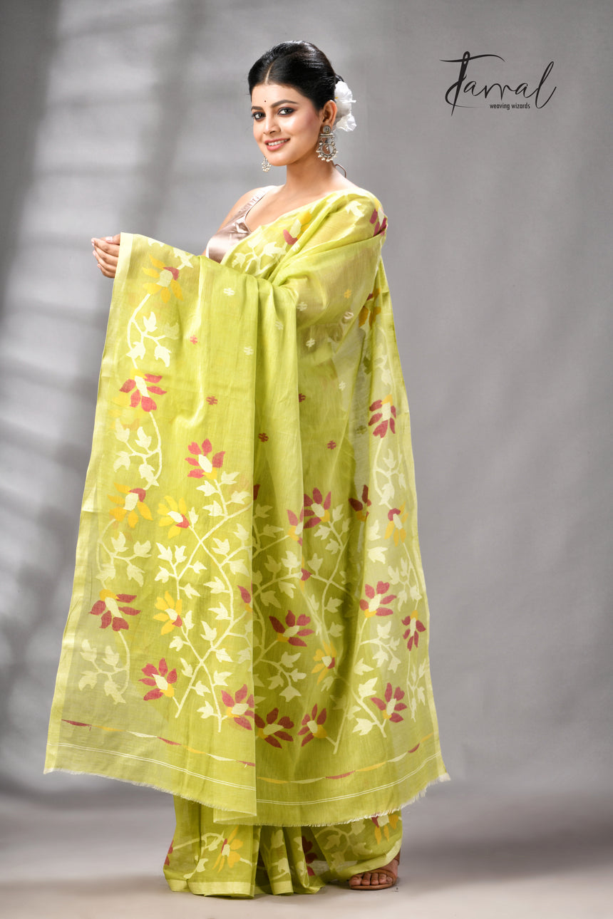 Lemon green pure cotton handwoven jamdani saree